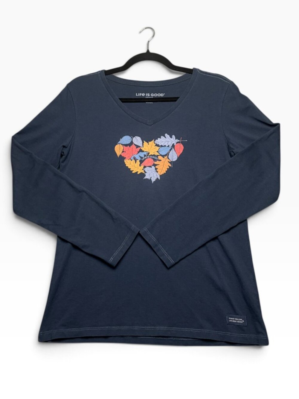 Life is Good Women's Size S Navy Blue Crusher Tee Shirt Long Sleeves Leaf Heart